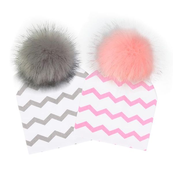 

caps & hats autumn winter wave pattern cotton baby hat with pompom artificial fur kids for boys girls children bonnet, Yellow