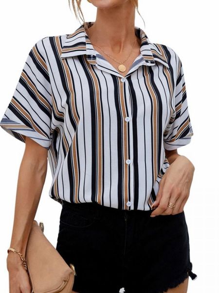 

women's blouses & shirts autumn women striped color lapel shirt loose casual vertical turn down collar blouse 2021, White