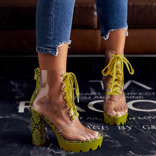 

jelly lace-up sandals open toed high heels snake women transparent heel party pumps#g5, Black