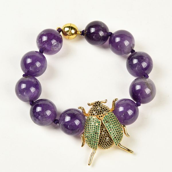 

guaiguai jewelry 16mm purple amethyst gems cz beetle connector bracelet for women real lady fashion jewellry, Black