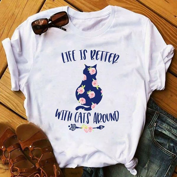 

animal cat flower print women floral pet clothing graphic tee, White