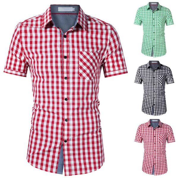 

short sleeve men's casual splicing lapel plaid print pocket shirts, White;black