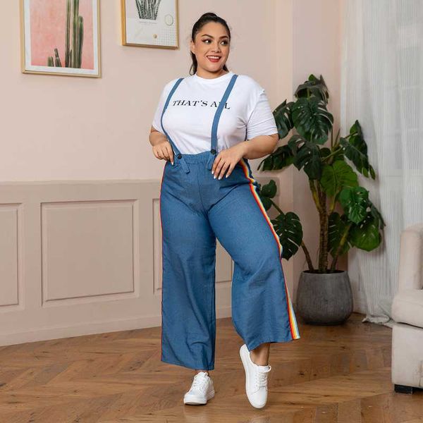 

plus size pants women patchwork loose overalls 2021 autumn casual elastic waist trousers oversized streetwear wide-leg l-5xl, Black
