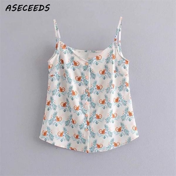 Sexy Knopf V-Ausschnitt weiß Tank Top Frauen Sommer Tops weiblich Kawaii Monkey Print ärmelloses Crop Top koreanische lässige Streetwear 210407