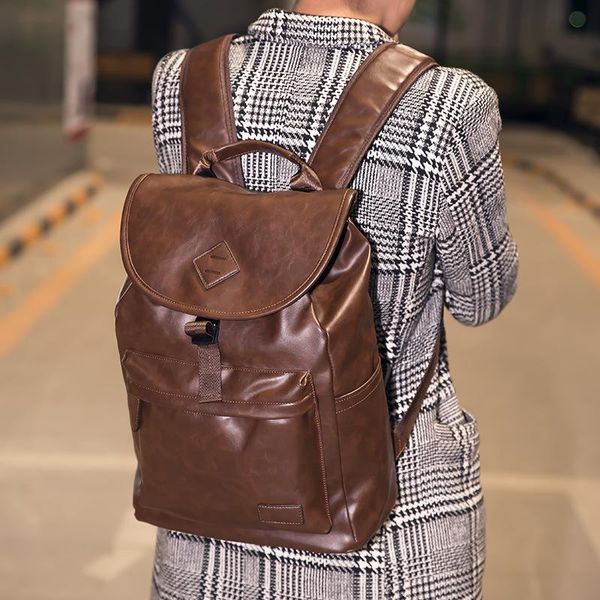 

backpack street fashion british casual shoulder bag men's youth pu leather back business computer