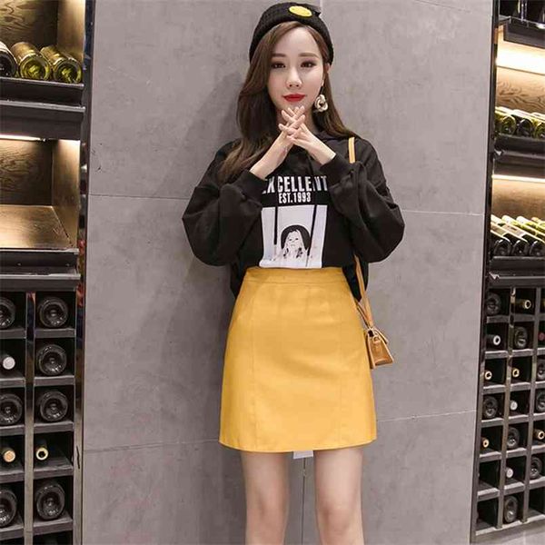 

autumn winter women's skirts korean style solid color high waist a-line slim female short leather ll639 210506, Black