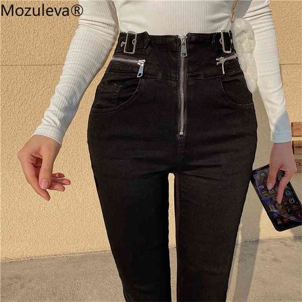 

spring vintage women zipper denim high waist stretch pants capris female streetwear blue jeans black pant 210416
