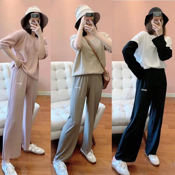 

women's pants & capris wide leg women thin knit trousers black folded loose female ankle length casual elastic waist, Black;white