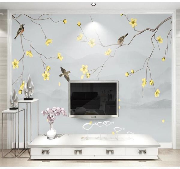 

large custom home decoration wallpaper mural hand-painted flowers and birds landscape background wall covering wallpapers