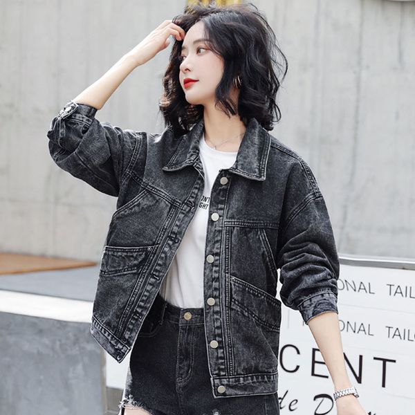 Vintage Denim Jacke Casual Mantel Frauen Schwarz Herbst Koreanische-Stil Langarm Lose Mäntel 96B 210420