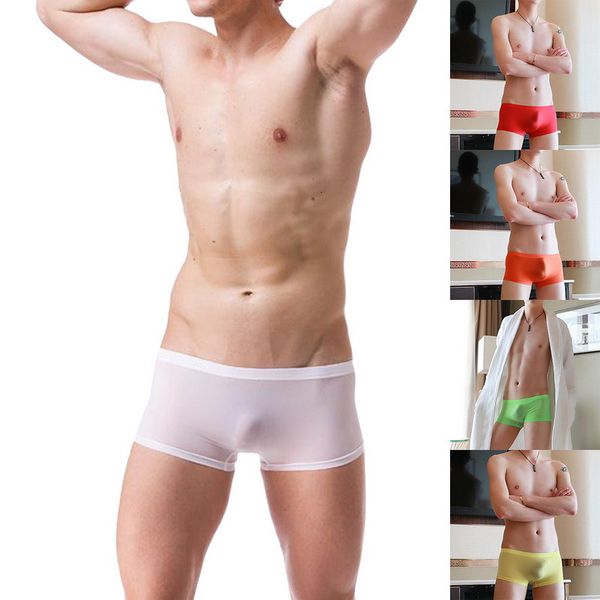 

men's ice silk seamless boxer shorts one piece breathable low waist ultra-thin transparent high-quality underwear, Black;white