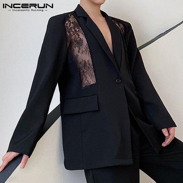 

men's suits & blazers incerun 2021 s hollow lace blazer patchwork fashion solid color suit stylish men button grade loose jackets s-5xl, White;black