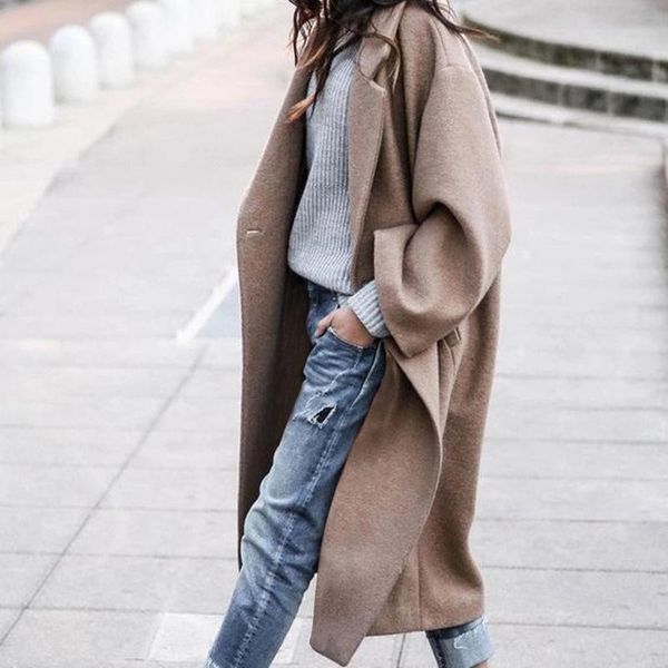 

women's trench coats wool blend women turn-down collar long winter fashion elegant casual minimalist woolen overcoat camel outwear, Tan;black