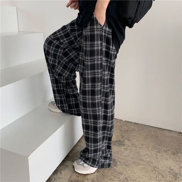 

autumn women plaid pants casual oversize loose wide leg trouser retro teens harajuku plus size hip hop all match streetwear, Black;white