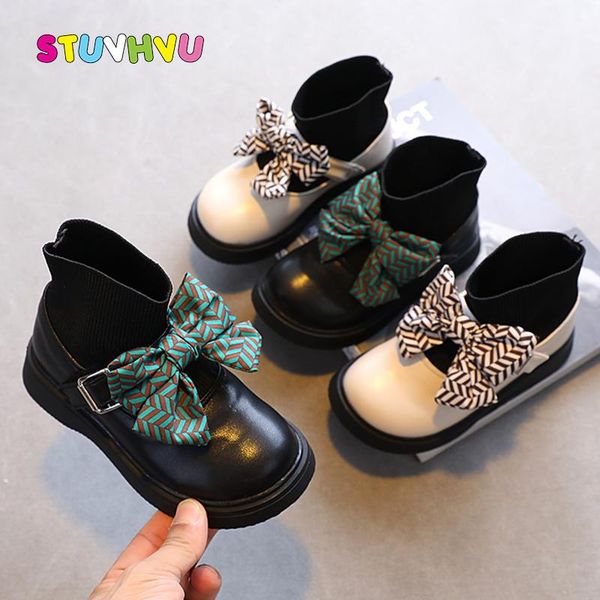 

flat shoes children' autumn black leather for girls ankle boots knitted socks bow princess kids short non-slip, Black;grey
