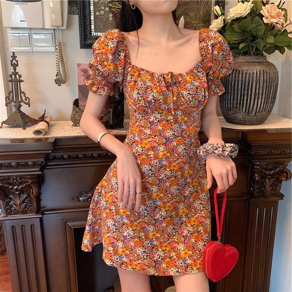 

summer vintage mini dresses with draw string women puff sleeve floral slim cottagecore dress 2021 plus size short bodycon casual, Black;gray