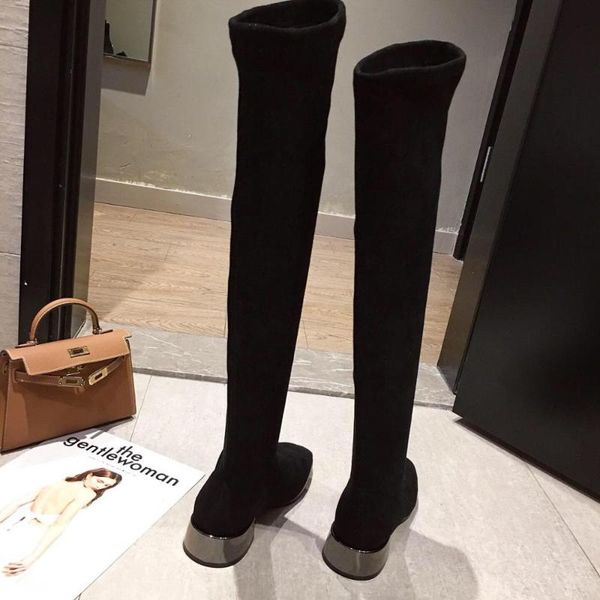 

boots high tube over the knee female elastic thick with 2021 autumn and winter long section slim, Black