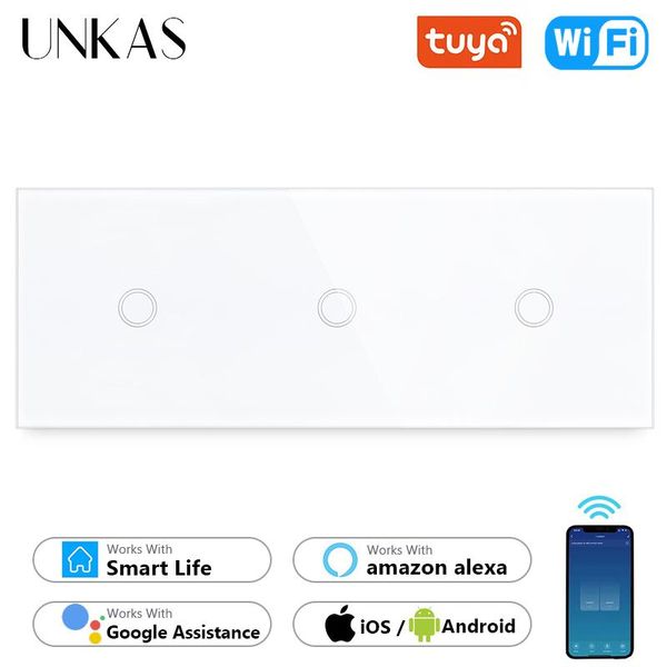 

smart home control unkas 3 gang wifi touch on / off light switch 228mm white black crystal class panel outlet work tuya alexa google