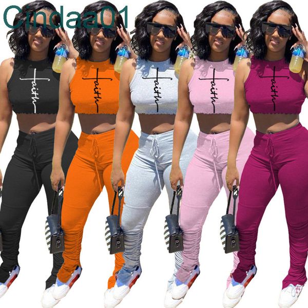 

women two piece pant set designer tracksuits round neck vest and pleated trousers fashion letter printed ladies suit 5 colours, White