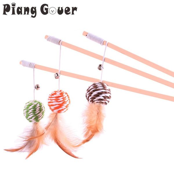 

2pcs/lot pet wooden cat toy feather sisal ball teaser rod wood with small bell toys