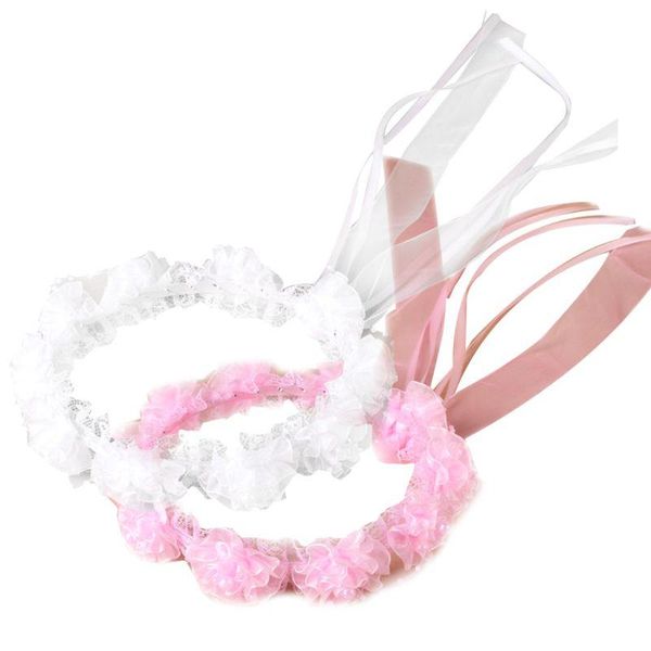 

hair accessories children girls wedding headband solid color ruffles lace flower wreath garland beaded decor princess halo crown with adjust, Slivery;white