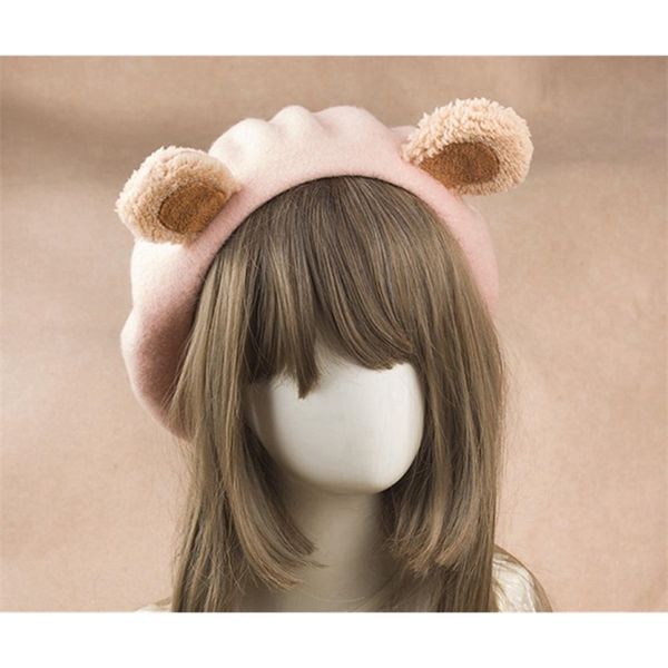 

cute girls bear ear beret lolita hat 210429, Blue;gray
