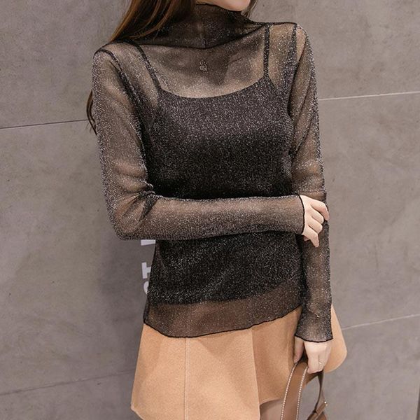 

women's blouses & shirts women bottoming shirt long sleeve 2021 solid color gold and silver silk bright mesh yarn slim high collar lace, White