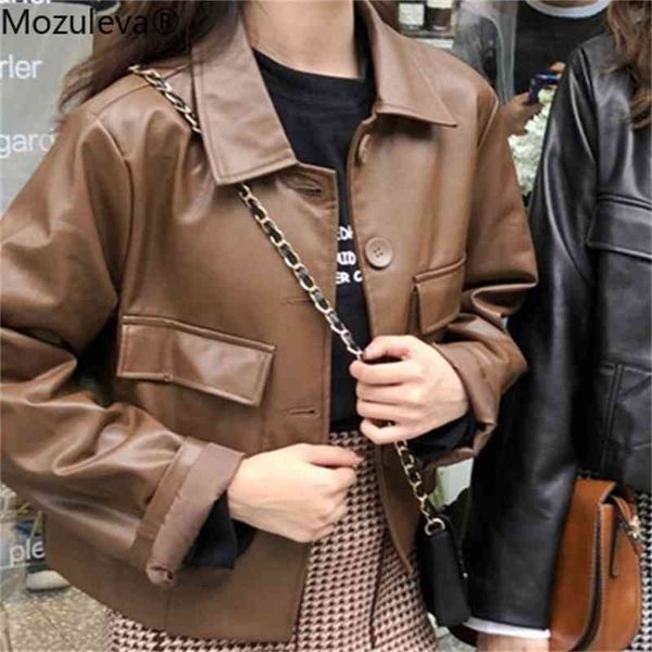 

autumn winter women's leather jackets outerwear casual pockets oversize faux wild short femme 210427, Black