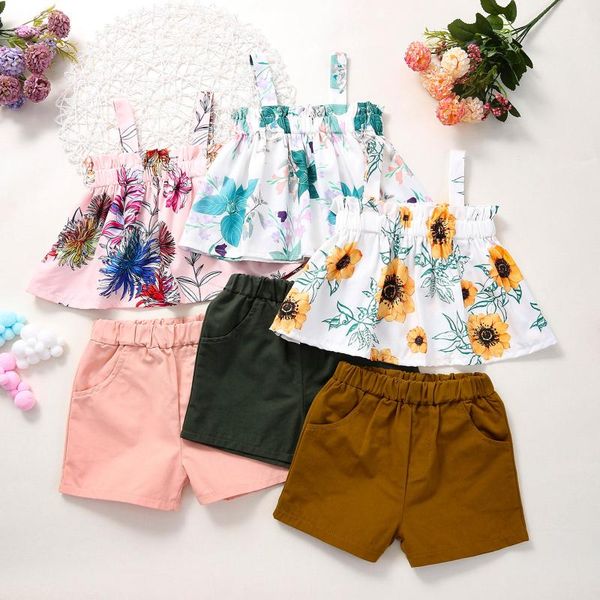 

clothing sets summer kid baby girls floral print elastic waist ruffle a-line solid shorts set, White