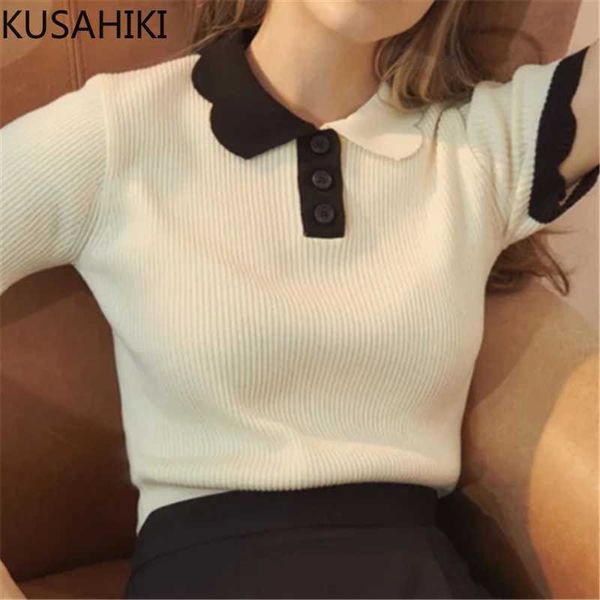 

kusahiki korean hit color turn-down collar knitted women summer short sleeve knitwear slim elegant jumpers 6h860 210602, White;black