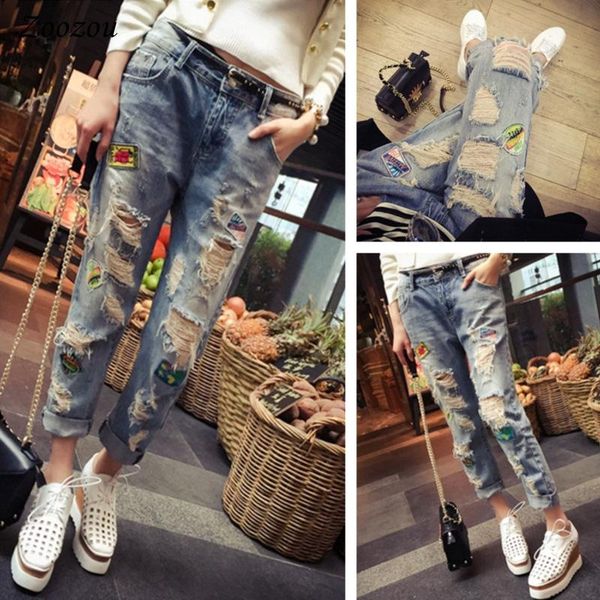 

summer big hole ankle length jeans pants women destroyed blue patches jean plus size 4xl 5xl casual loose trousers women's