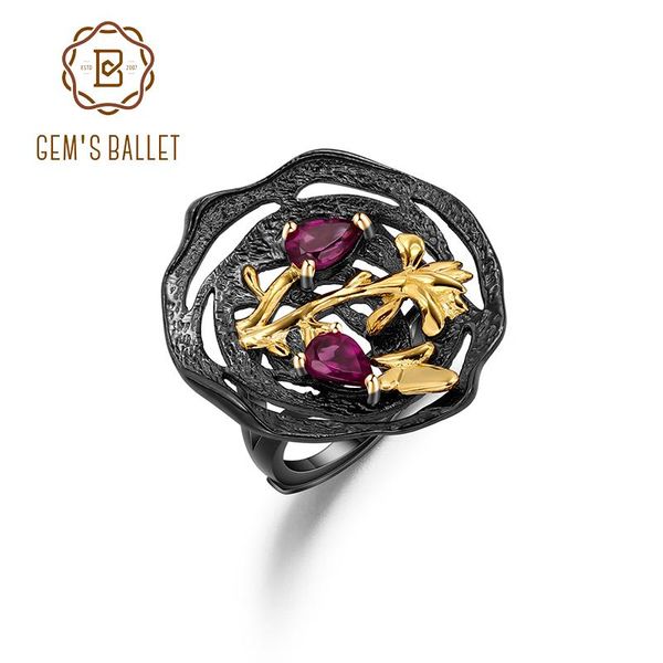 

cluster rings gem's ballet natural rhodolite garnet gemstone ring 925 sterling silver handmade adjustable statement cocktail for women, Golden;silver