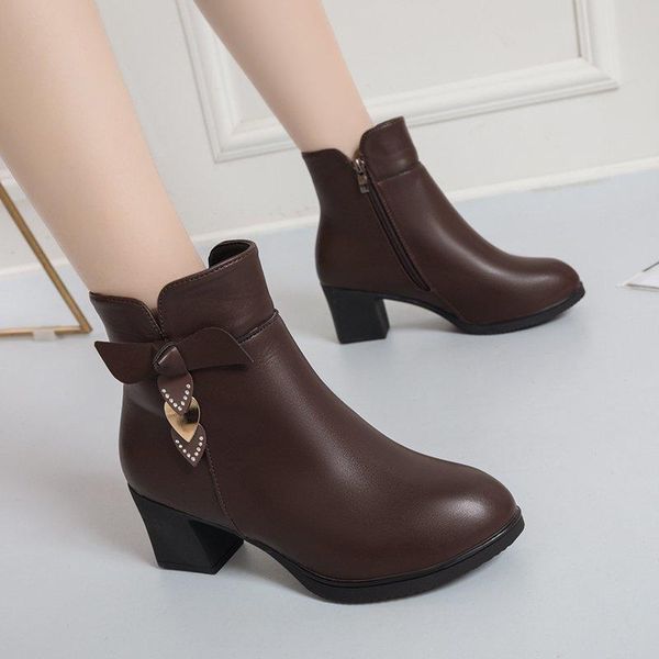 

boots women pu leather mid heel ankle ladies short female round head shoes platform comfortable fashion style, Black