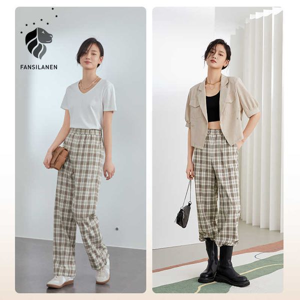 

fansilanen office lady plaid pants women summer high waist straight loose casual drawstring sweatpants 210607, Black;white