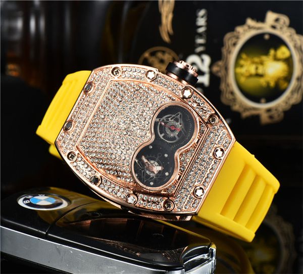 

1-mens luxury watches diamond surface silicone strap stainless steel case montre de luxe quartz movement chronograph gold watch, Slivery;brown