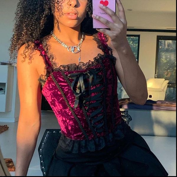 

vintage lace patchwork gothic womens tank clothes punk grunge red bodycon women crop backless ruffles bustier, White