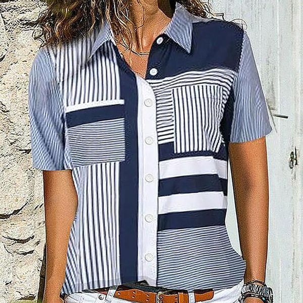 

women's t-shirt summer striped pocket short-sleeved shirt blue and white stitching button lapel professional lady