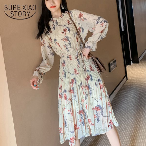 

women autumn and winter floral femal loose hundred pleated mid-calf chiffon dress long sleeve dresses 7150 50 210417, Black;gray