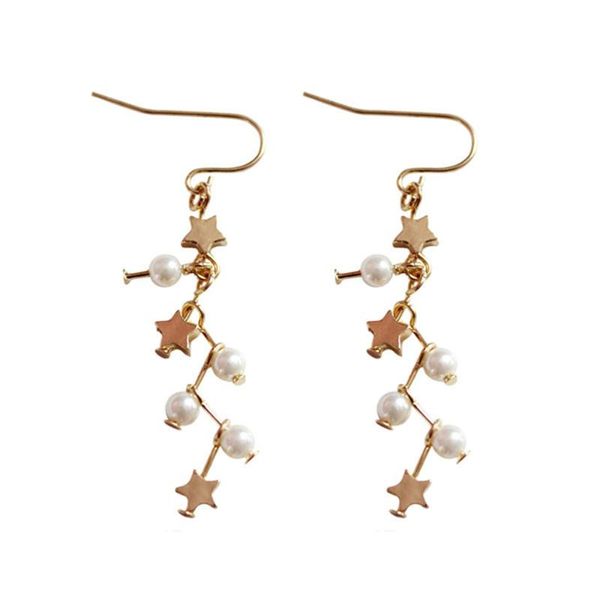 

pair of pearl & star long earrings vintage golden-plated ear drops for ladies girls (gold) stud, Golden;silver