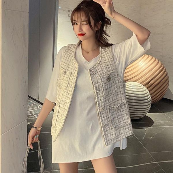 

women's vests women 2021 korea fashion single-breasted tweed woolen vest vintage v neck sleeveless female outerwear chic, Black;white