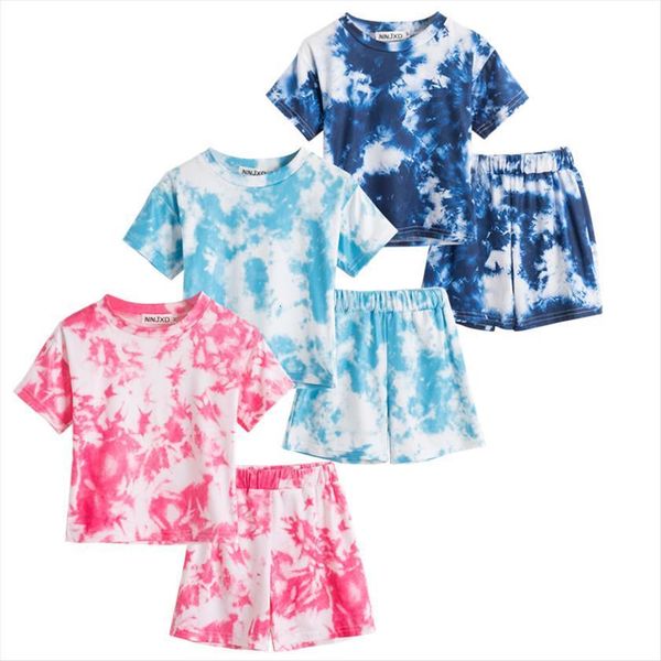 

toddler baby girls tie dye clothes sets summer kids short sleeve t shirt pants knitted cotton outfits children o, White
