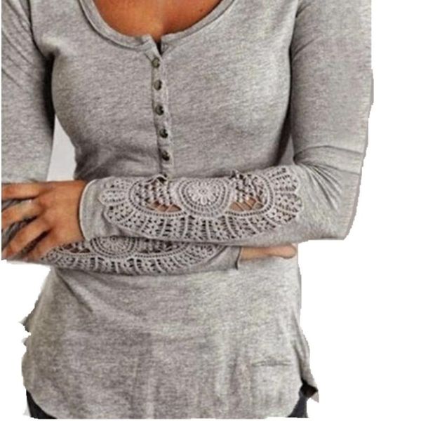 

women's t-shirt lace hollow out t shirt for women long sleeve o-neck tunic front button pullover camiseta mujer manga larga, White