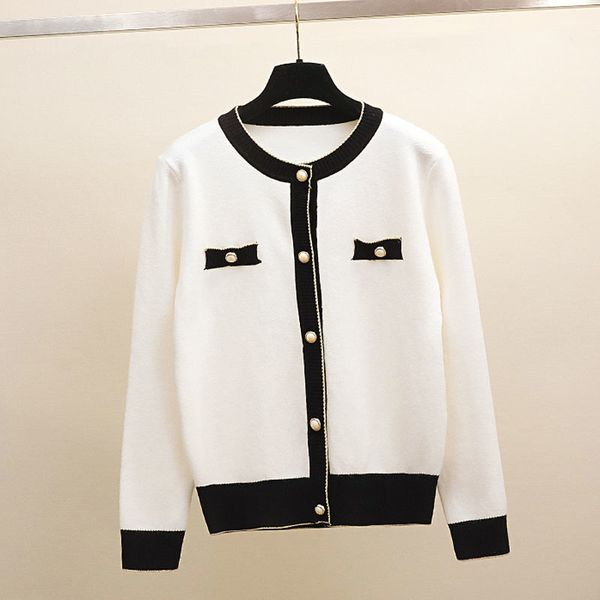 

r new round neck cardigan color matching loose knit long-sleeved sweater temperament blouse jacket women, White;black