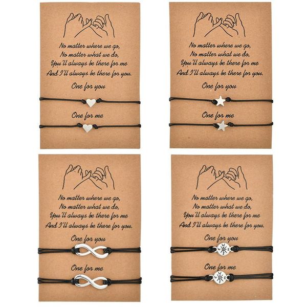 

2pcs/set heart star compass charm bracelets one for you me black string braiding couple bracelet men women wish card, Golden;silver