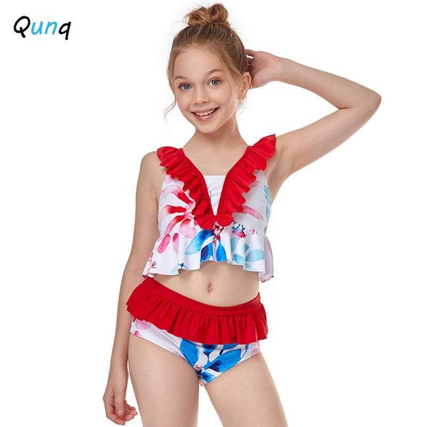 

qunq baby girls bathing suit 2021 flower print ruffle sweet two piece kids swimwear for girl summer children beach wear one-pieces, Black