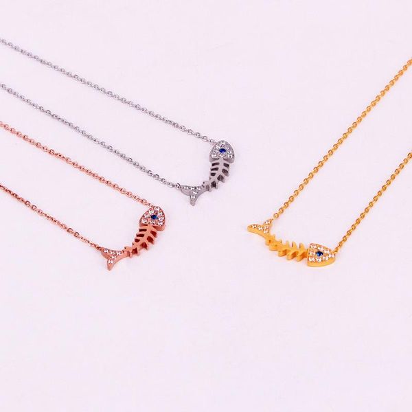 

Fashion Blue Crystal Stainless Steel Animal Hollow Love Fishbone Pendant Necklace Rose Gold Color Women Female Party Gift Necklaces, Silver