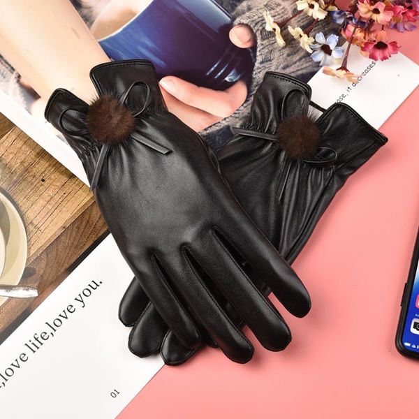 

five fingers gloves women' leather fashion classic elegant ladies winter warm fluff woman soft high-quality mittens black, Blue;gray