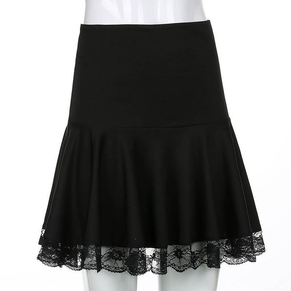 

skirts streetwear lace stitching high waist skirt women, Black