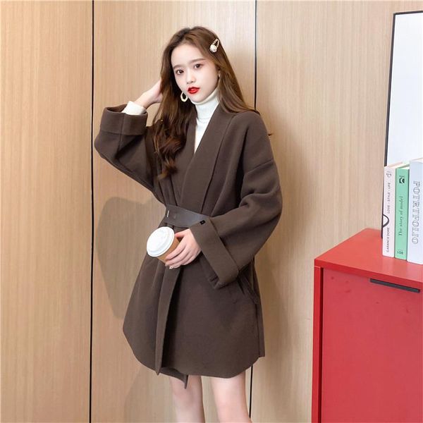 

women's wool & blends autumn winter double-sided woolen coat 2021 female loose corset jacket korean mid-length overcoat c1426, Black