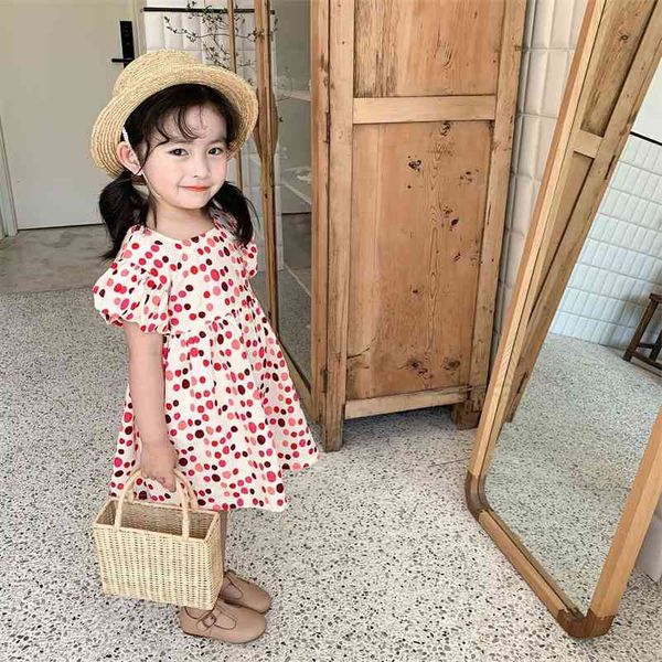 

summer cute girls colorful dot backless dresses pure cotton puff sleeve 2 colors short princess dress 210708, Red;yellow